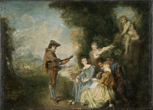 A lição de amor (óleo no painel) de Jean Antoine Watteau