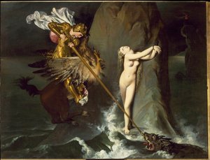 Angelica é libertada por Roger (Ruggero, Ruggiero) cavalga num hipocampo (de Orlando furioso por Ludovico Ariosto) - óleo sobre tela de Jean Auguste Dominique Ingres