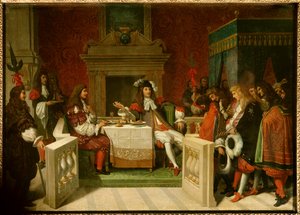 Luís XIV e Moliere: Rei Luís XIV (1638-1715) e Jean Baptiste Poquelin dit Moliere (1622-1673) à mesa em frente dos cortesãos. Pintura de Jean Auguste Dominique Ingres (1780-1867) de Jean Auguste Dominique Ingres