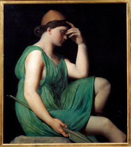 Odyssee. Estudo para a "Apotheose of Homere" Alegoria como uma mulher de túnica sentada de perfil refletindo uma mão na frente de seu rosto e uma lança na outra. Pintura de Jean Auguste Dominique Ingres (1780-1867) de Jean Auguste Dominique Ingres