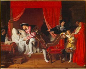 O rei da França, François I (1492-1547) recebe os últimos suspiros de Leonard de Vinci em clos Luce de Jean Auguste Dominique Ingres