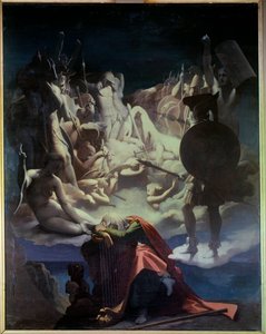 O sonho de Ossian Ilustração da ópera "Ossian or the Bards" de Jean Francois (Jean-Francois) Le Sueur (Lesueur) (1760-1837), o bardo Ossian foi um poeta escocês do século III lido por Napoleão, ele é um representante dormindo numa lira, behi de Jean Auguste Dominique Ingres