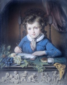 Retrato de um menino, sentado em um nicho de janela e vestindo uma jaqueta azul de Jean Augustin Daiwaille (attributed to)
