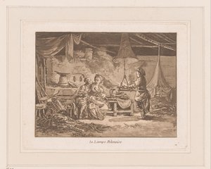 Interior de um celeiro com duas figuras em um banco e um homem perto de um incêndio La Lampe Polonoise (título no objeto)