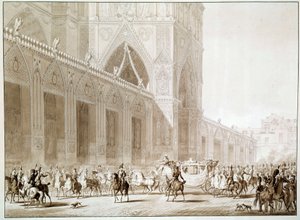A chegada em carroça do Imperador Napoleão I (1769-1821) e Impressionar Josefina de Beauharnais (1763-1814) na Catedral Notre Dame de Paris no Dia da Gravura Sagrada depois de "O Livro do Sagrado" de Jean Baptiste Isabey (1767-1855) Século XIX