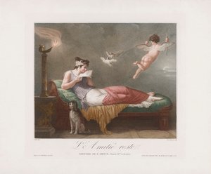 Cupido entrega uma carta de amor. Século XIX (impressão) de Jean Baptiste (after) Mallet