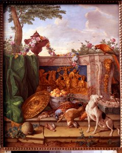 Placa representando as caçadas de Luís XVI (1754-1793): detalhe representando uma caça ao cão. Pintura em porcelana de Philippe Castel (ca. 1746-1797) de Jean Baptiste Oudry (1686-1755) 1778-1781 Sol. 0,39x0,49 m Versailles, musee du chateau.