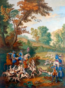 Placa representando a caça de Luís XVI (1754-1793): "la petite curee des jeunes chiens ou le forum à la fin de la curee" Pintura em porcelana de Philippe Castel (ca. 1746-1797) de Jean Baptiste Oudry (1686-1755) 1778-1781 Sol. 0,39x0,49 m