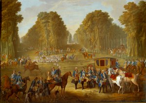 Placa representando as caçadas de Luís XVI: o encontro no cruzamento do poço do Roi, na floresta de Compiegne. Pintura em porcelana macia de Nicolas Pierre Pithou l