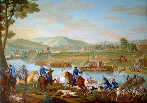 Placa representando a caça de Luís XVI: o veado passa o Oise da costa de Royallieu à vista da cidade de Compiegne. Pintura em porcelana macia de Nicolas Pierre Pithou l