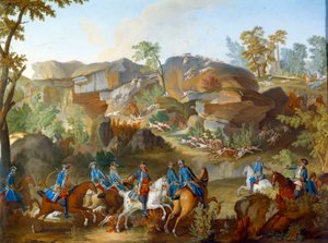 Placa representando as caçadas de Luís XVI: o veado que segura os cães nas rochas de Frauchard, na floresta de Compiegne. Pintura em porcelana macia de Nicolas Pierre Pithou l