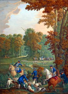 Placa representando as caçadas de Luís XVI: o revezamento no cruzamento da Embrassade na floresta de Compiegne" ou "manobrista desacoplando a velha alcateia". Pintura de porcelana de Charles Etienne Leguay (1762-1846) de Jean Baptiste Oudry (1686-1755). Fe