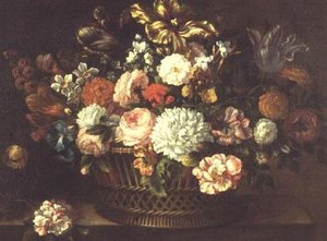 Peônias, tulipas, narcisos e outras flores em uma cesta de Jean-Baptiste (attr. to) Monnoyer