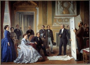 O arquitecto Louis Visconti (1791-1853) apresenta a Napoleão III o plano da nova pintura do Louvre de Ange Tissier (1814-1876) 1865, óleo sobre tela