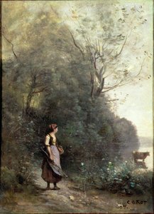 Uma camponesa pastando uma vaca na borda de uma floresta, c.1865-70 de Jean Baptiste Camille Corot