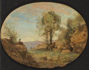 Pastor com vista para um desfiladeiro rochoso, 1859 de Jean Baptiste Camille Corot
