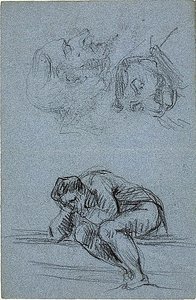 Figura sentada com a cabeça nas mãos e duas caricaturas (anverso); quatro figuras numa luneta (verso) de Jean Baptiste Carpeaux