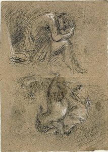 Esboços: Homem sentado com a cabeça nas mãos e duas figuras curvadas em direção aos outros ao fundo (reto); Mulher Reclinada (verso) de Jean Baptiste Carpeaux