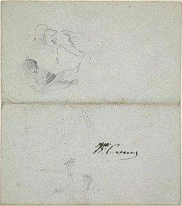 Esboços de duas crianças, barcos no mar (anverso); esboços de uma figura masculina a caminhar, segurando um bastão, e de uma cena costeira (verso) de Jean Baptiste Carpeaux