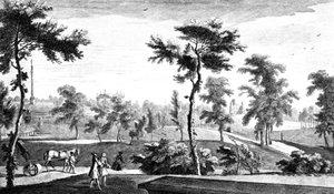 Vista do Templo Grego ao Pilar de Lorde Cobham, Jardins da Casa Stowe, gravados por George Bickham, 1753