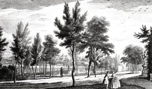 Uma visão dos campos Elysian da Primavera de Helicon, Stowe House Gardens, gravada por George Bickham, 1753