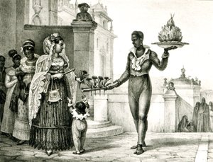 Vendedor de flores do lado de fora de uma porta da igreja, de &39;Quaint and Historical Travel in Brazil&39;, de Jean Baptiste Debret