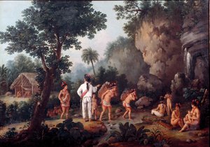 Escravidão; famílias de índios "caçadores de escravos" (do Brasil?) são levadas por comerciantes de escravos. Pintura de Jean Baptiste Debret (1768-1848). Óleo sobre tela. Museu de São Paulo, Brasil.