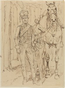 Um hussardo francês conduzindo um cavalo de Jean-Baptiste Edouard Detaille