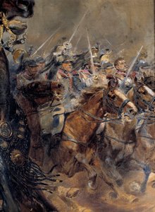 Guerra Napoleônica: "A última acusação do General Antoine Charles Comte de Lasalle (1775-1809), morto em Wagram no dia 6 de julho de Jean-Baptiste Edouard Detaille