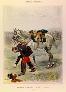 Tipos e Uniformes da Arma Francesa do Capitão Jules Richard, ilustrado por Edouard Detaille (1848-1912): Trompete de Dragões em Vestido de Campo em 1885, Coleção Privada de Jean-Baptiste Edouard Detaille