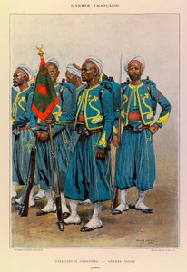 Tipos e uniformes da Armadura Francesa do Capitão Jules Richard, ilustrados por Edouard Detaille (1848-1912): Tirailleurs nativos em Grande Traje em 1886, Coleção Particular de Jean-Baptiste Edouard Detaille