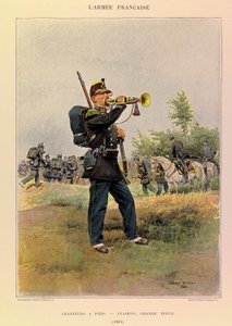 Tipos e uniformes da Armee francesa do Capitão Jules Richard, ilustrados por Edouard Detaille (1848-1912): Caçadores a pé: Bugle em grande vestido em 1885, Colecção privada de Jean-Baptiste Edouard Detaille