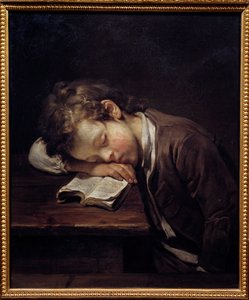 O pequeno preguiçoso. Retrato de um jovem rapaz que matou no seu livro. Pintura de Jean Baptiste Greuze (1725-1805)