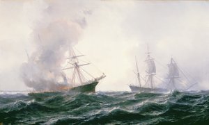 Um navio em chamas no mar, com outro em pé