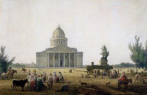 Vista do Panteão de Paris com uma carruagem com uma estátua de Jean-Jacques Rousseau (1712-1778), c.1792