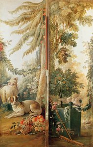 Salão do fabricante de impressão Gilles Demarteau, dois painéis 1. cão e ovelha 2. plantado Laranjeira com bicando pombas