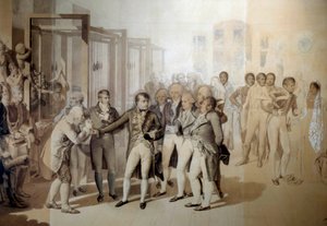 Napoleão Bonaparte (1769-1821), Primeiro Cônsul, na presença de Josefina de Beauharnais, visita a fábrica de veludo dos irmãos Sevene em Rouen, novembro de 1802 Desenho na lavagem de Jean Baptiste Isabey (1767-1855) 1804 Sol. 1,24x1,76 m Versailles, mu de Jean Baptiste Isabey