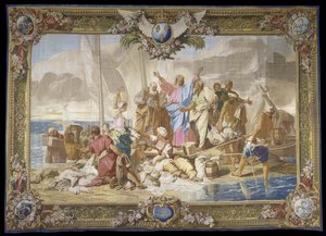 "La Peche miraculeuse" Novo Testamento tapeçaria em lã e seda Fabricação royale des Gobelins, oficina de Jean Lefebvre, depois de Jean Jouvenet (1644-1717) de Jean Baptiste Jouvenet