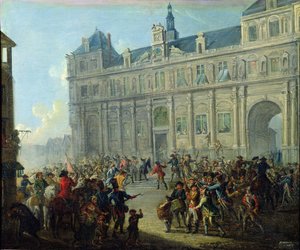 O Assassinato de Jacques de Flesselles na Escadaria da Prefeitura em 14 de julho de 1789 de Jean Baptiste Lallemand