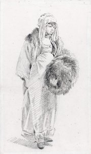 Mulher russa com uma muff par Le Prince, Jean-Baptiste (1734-1781), Entre 1758 e 1761 - Giz preto sobre papel, 22,9x13,8 - Coleção Particular