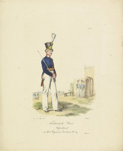 Ajudante do Regimento Suíço, 1820-1825 Nederlandsche Armée Ajudante do Regimento Suíço No. 29 (título no objeto) Trajes militares do Reino dos Países Baixos. Dedicado a Sua Excelência Willem van Bylandt (título da série no objeto