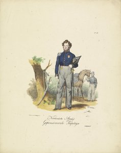 Capitão aposentado, 1820-1825 Nederlandsche Armée, aposentado Kapiteyn (título no objeto) Trajes militares do Reino dos Países Baixos. Dedicado a Sua Excelência Willem van Bylandt (título da série no objeto)