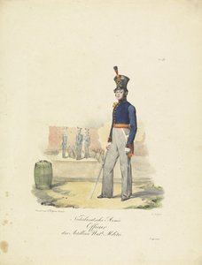 Oficial de Artilharia, 1820-1825 Nederlandsche Armée Officier der Artillerie Nat.le Militie (título no objeto) Trajes militares do Reino dos Países Baixos. Dedicado a Sua Excelência Willem van Bylandt (título da série no objeto)