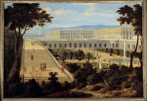 Vista da Orangerie, das escadas dos Cent-Marches e do castelo de Versalhes cerca de 1695 Pintura atribuída a Jean-Baptiste Martin (o Ancião) (1659-1735) 1695 Sol. 1,15x1,65 m