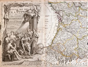Mapa de Guyenne e Gasconha, com um retrato de Luís XIV (1638-1715)rodeado de personagens alegóricas de Jean Baptiste Nolin