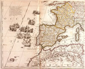 Mapa dos países do Mediterrâneo Ocidental: França, Espanha, Portugal e Norte de África (Marrocos, Argélia, Tunísia), com as Baleares, Córsega e Sardenha (gravura