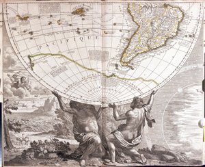 Dois homens apoiam o gobe terrestre, com o mapa da América do Sul (gravura de Jean Baptiste Nolin