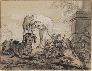 Depois da caçada: dois cães de caça ao lado de uma cabeça de javali de Jean Baptiste Oudry