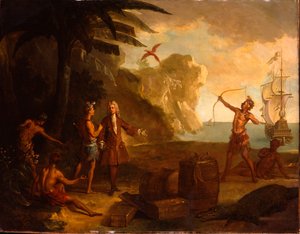 América - Um comerciante europeu negociando com nativos americanos um barril de tabaco e outros bens, 1724 de Jean Baptiste Oudry