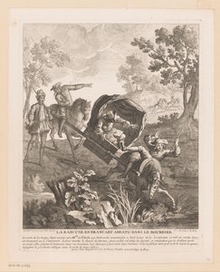 Portador com cavalos cai na água La Rancune en brancart abbatu dans le bourbier (title on object) Cenas de Roman Comique de Scarron (título da série) de Jean Baptiste Oudry